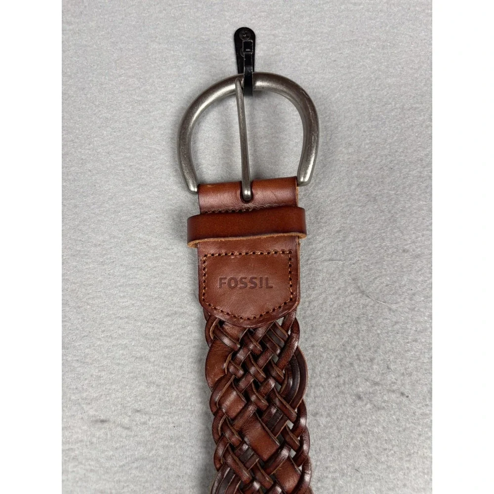 Fossil Belt Mens Medium Brown Braided Leather Textured Buckle Adjustable